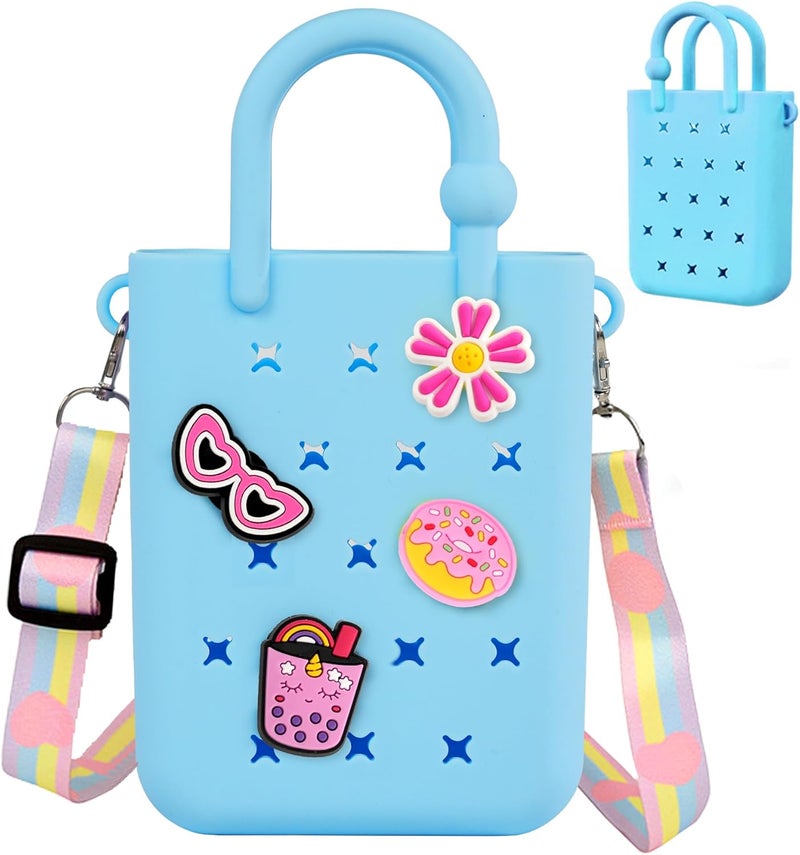 Oudizz Mini Rubber Tote Bag, Silicone Beach Tote for Little Girl & Woman, Cute Bag with 20 Charms & Adjustable Shoulder Strap - Image 1